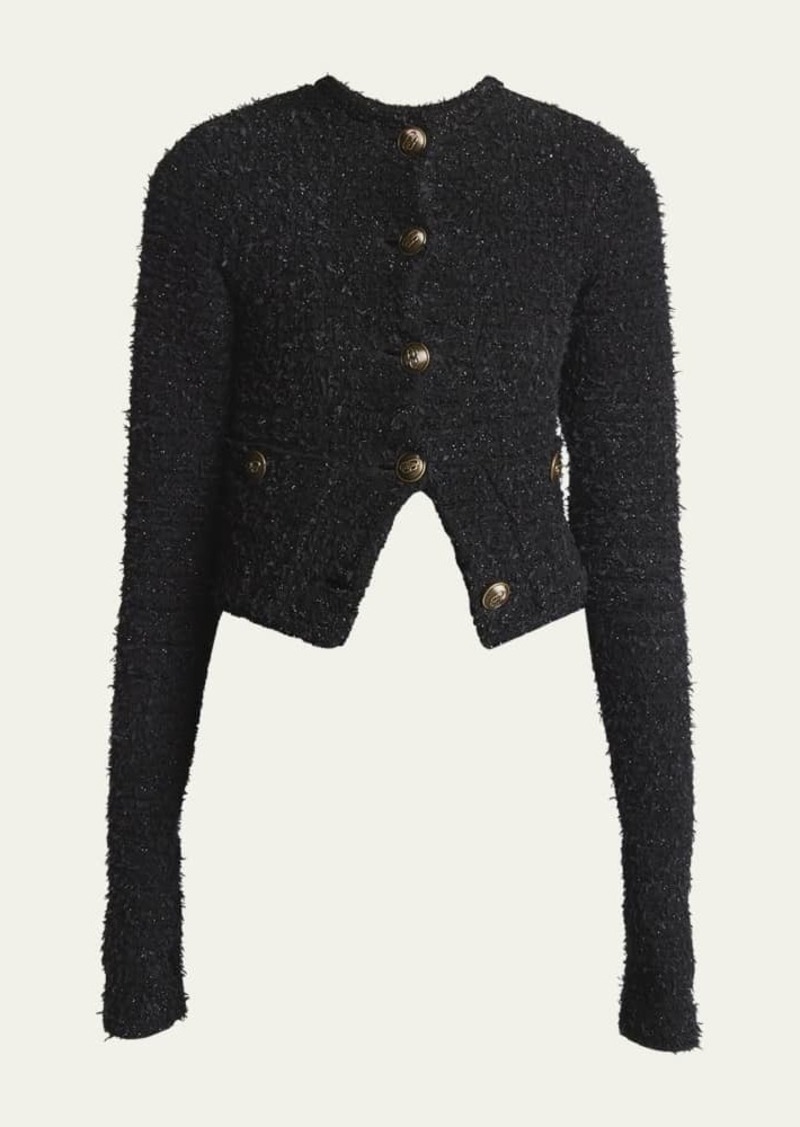 Balenciaga Cropped Tweed Knit Cardigan with Logo Buttons