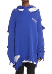 Balenciaga Destroyed Knit Hoodie in 4691 Pacific Blue/grey at Nordstrom