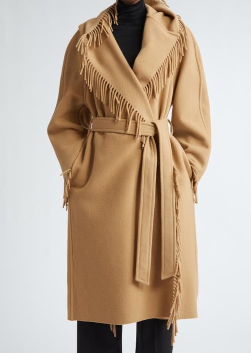 Balenciaga Fringe Wool Hooded Wrap Coat