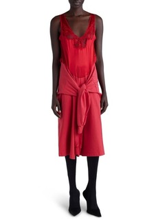 Balenciaga Hybrid Mixed Media Tie Waist Silk & Cotton Dress