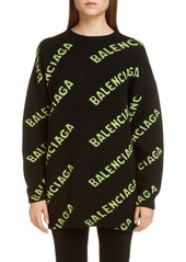 Balenciaga Oversize Logo Jacquard Wool Blend Sweater in Black/Acid Green at Nordstrom