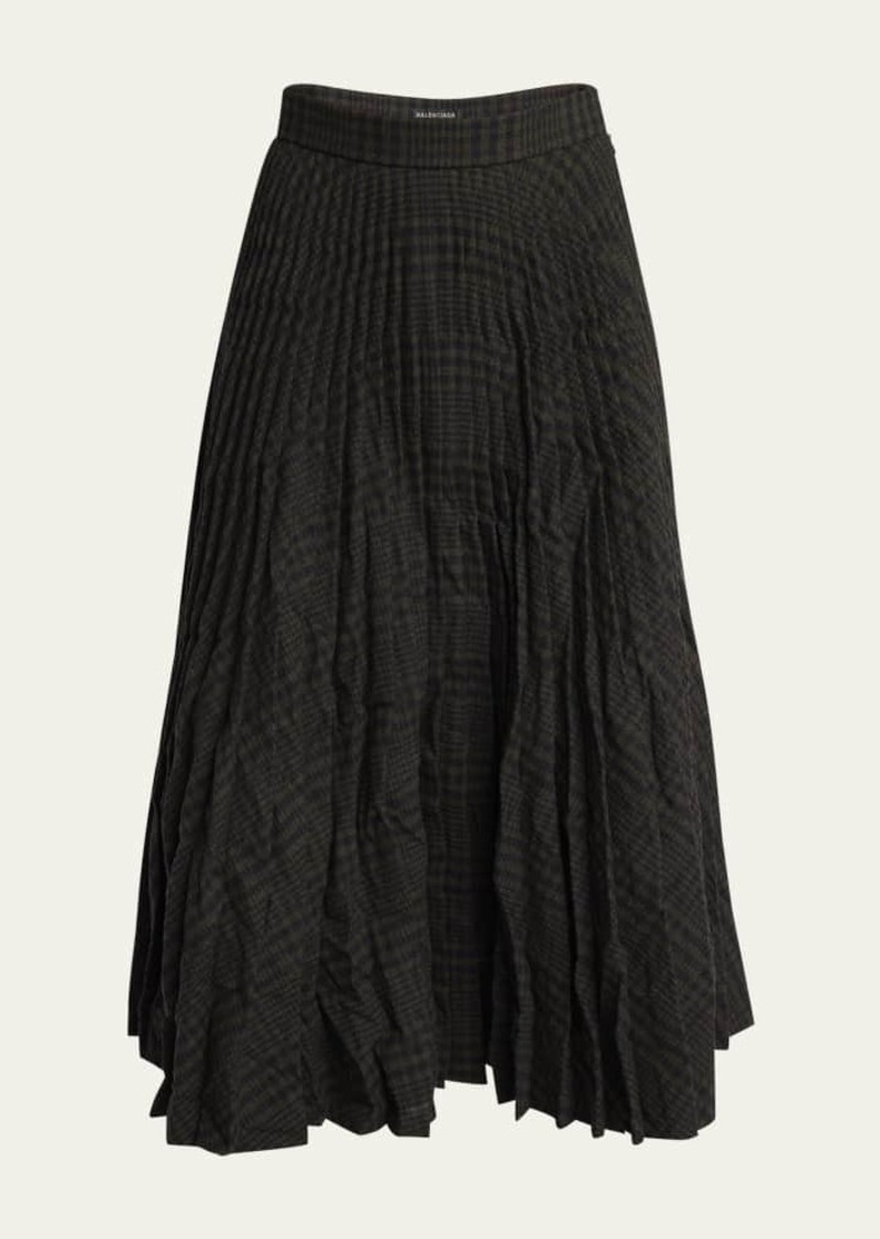 Balenciaga Pleated Vintage Check Wool Midi Skirt