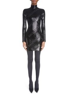 Balenciaga Sequin Logo Long Sleeve Turtleneck Body-Con Dress