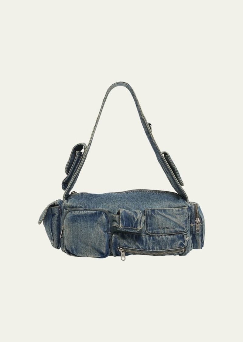 Balenciaga Superbusy Sling Washed Denim Shoulder Bag