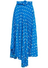Balenciaga Woman Asymmetric Belted Pleated Polka-dot Crepe Midi Skirt Cobalt Blue