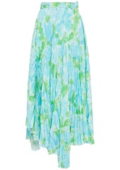 Balenciaga Woman Asymmetric Floral-print Plissé-crepe Skirt Light Blue