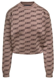 Balenciaga Beige Crewneck Sweater with All-Over Jacquard Logo in Cotton Woman