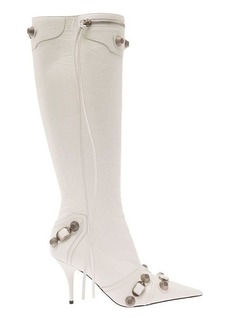 Balenciaga 'Cagole' White Pointed High-Boots with Studs and Buckles in Leather Woman
