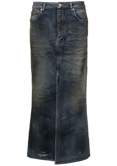 Balenciaga Dark Blue Maxi Skirt with Crinkled Effect with Logo Patch in Cotton Denim Woman