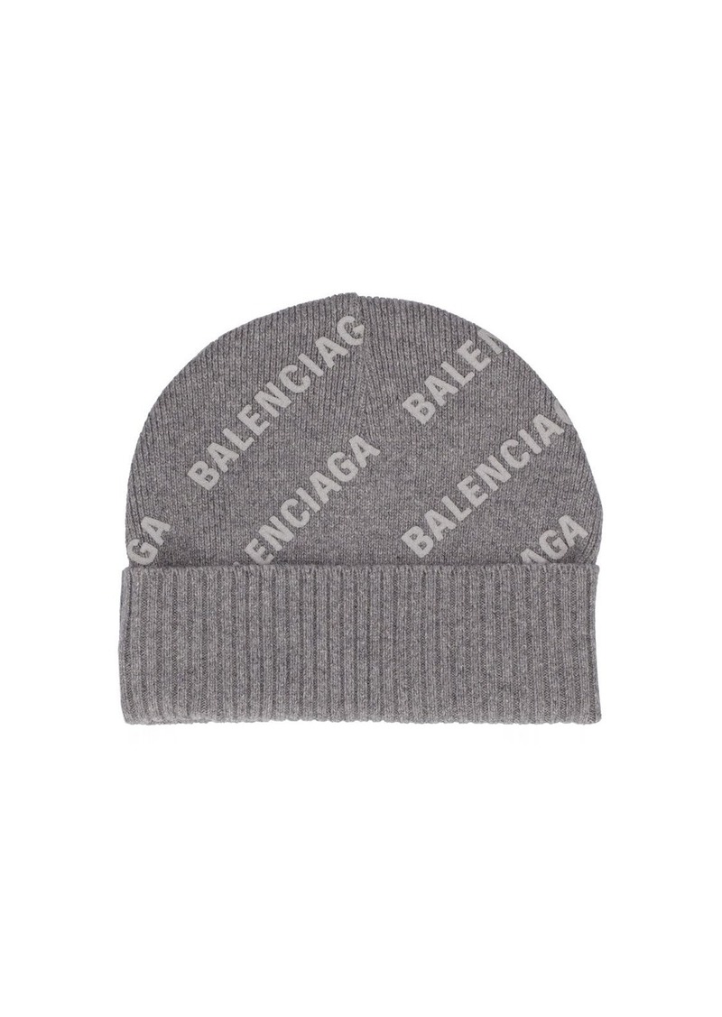 Balenciaga Logo Printed Cashmere Knit Beanie Hat