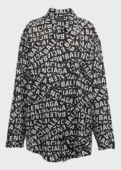 Balenciaga Logo Tape-Print Oversized Silk Minimal Shirt