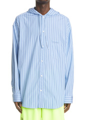 Men's Balenciaga Stripe Poplin Hooded Button-Up Cocoon Shirt