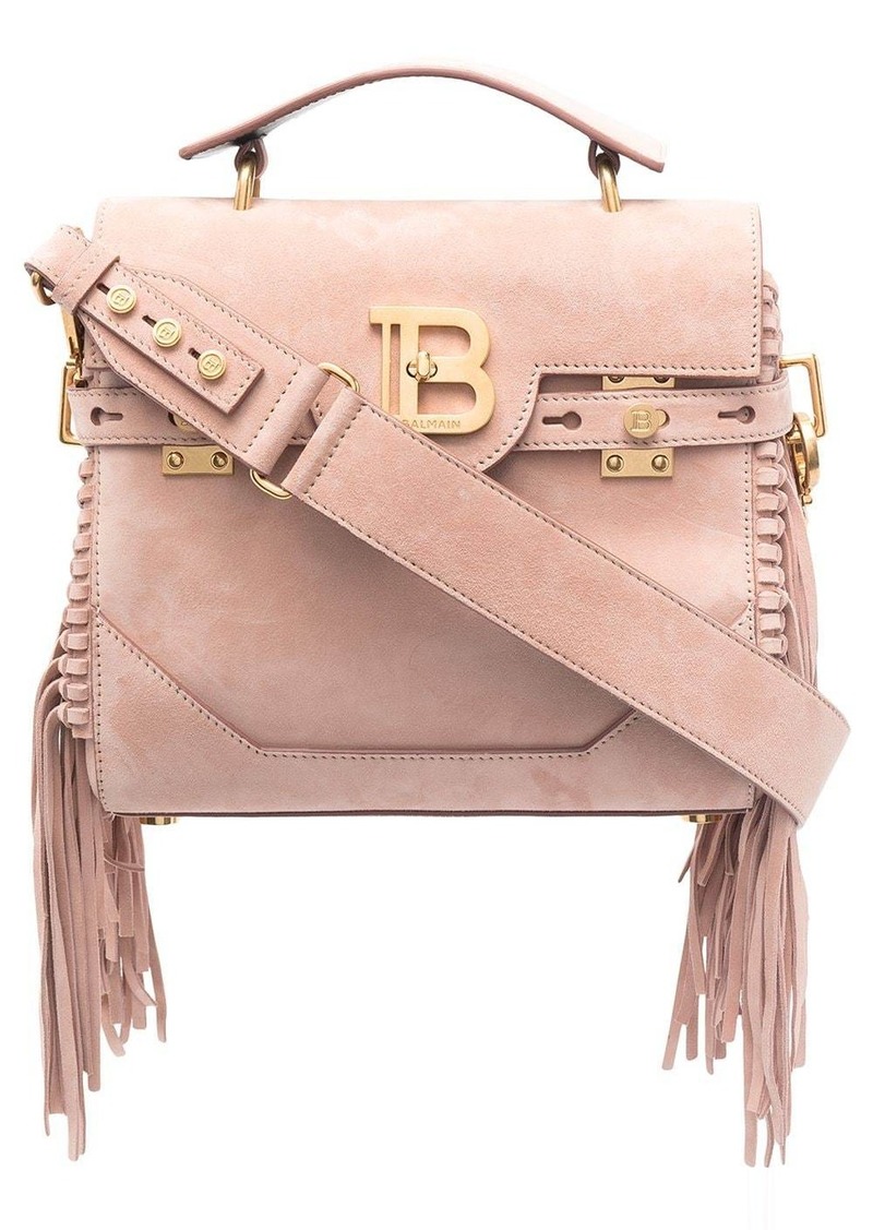 Balmain BBuzz 22 Monogram-Embossed Suede Top-Handle Bag