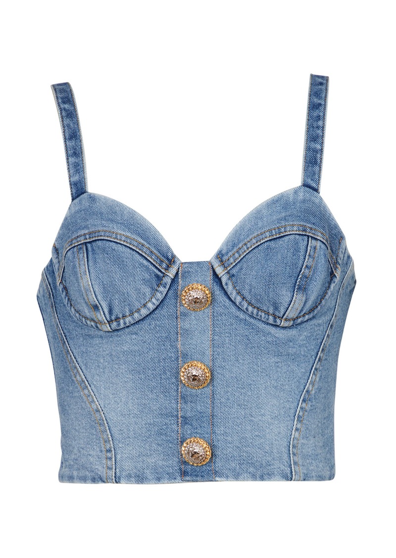 Balmain - Button-Embellished Denim Bustier Top - Blue - FR 34 - Moda Operandi