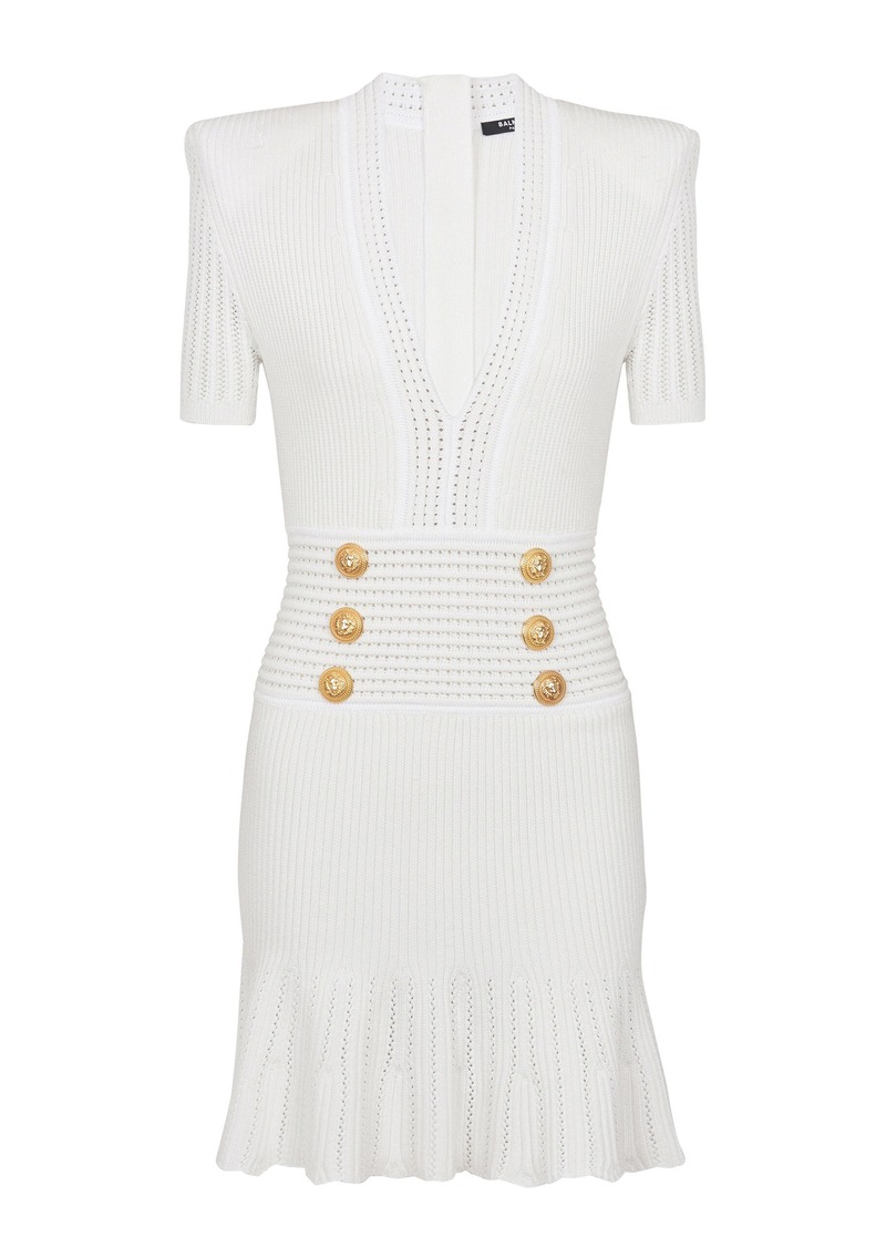 Balmain - Button-Embellished Knit Mini Dress - White - FR 40 - Moda Operandi