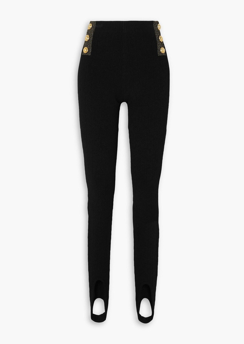 Balmain - Button-embellished metallic ribbed-knit stirrup leggings - Black - FR 46