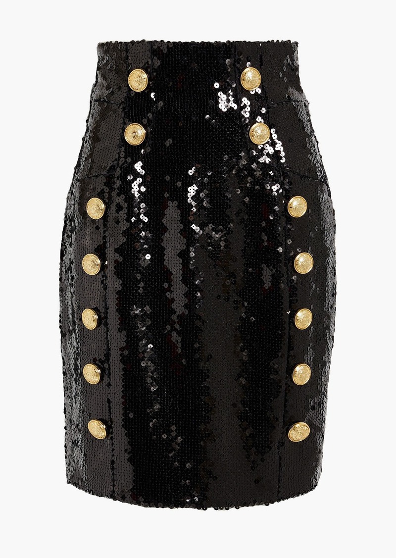 Balmain - Button-embellished sequined tulle skirt - Black - FR 34