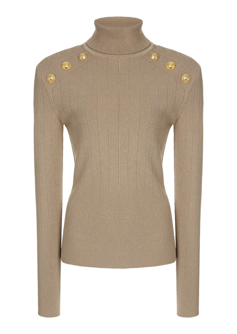 Balmain - Button-Trimmed Knit Turtleneck Sweater - Brown - FR 38 - Moda Operandi