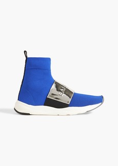 Balmain - Cameron stretch-knit and mirrored-leather high-top sneakers - Blue - EU 37