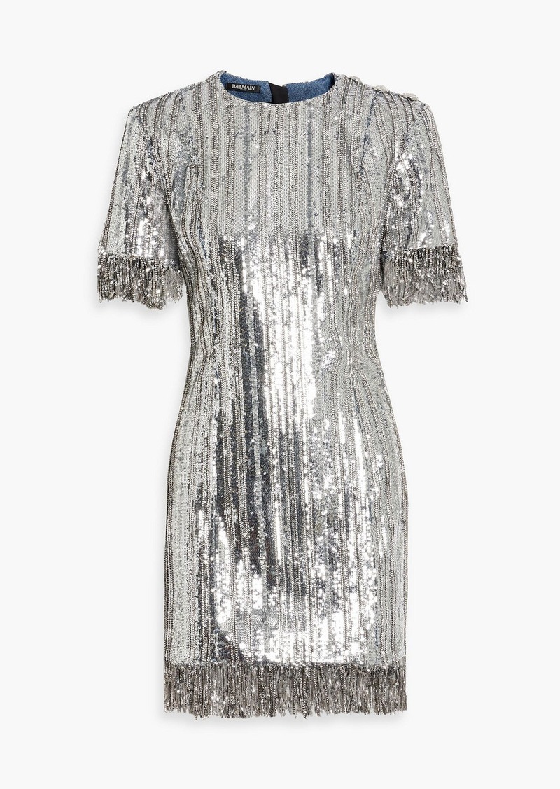 Balmain - Embellished denim mini dress - Metallic - FR 36