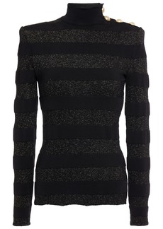 Balmain - Embellished metallic striped ribbed-knit turtleneck sweater - Black - FR 34