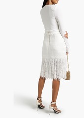 Balmain - Fringed button-embellished bouclé-tweed skirt - White - FR 34