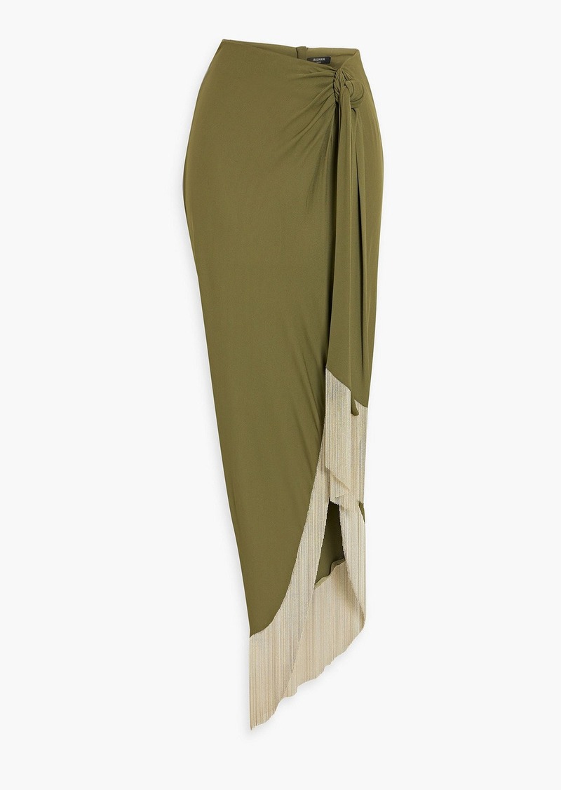 Balmain - Fringed knotted crepe midi skirt - Green - FR 34