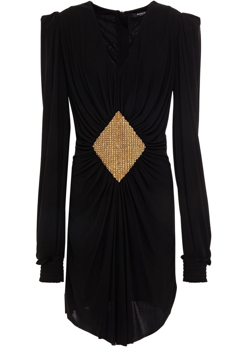 Balmain - Gathered embellished jersey mini dress - Black - FR 34