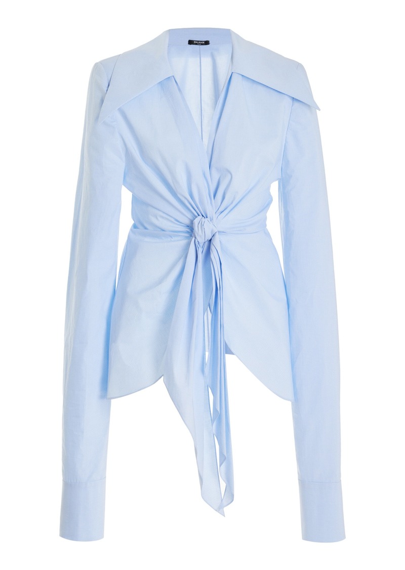 Balmain - Gingham-Cotton Tie-Front Shirt - Blue - FR 42 - Moda Operandi