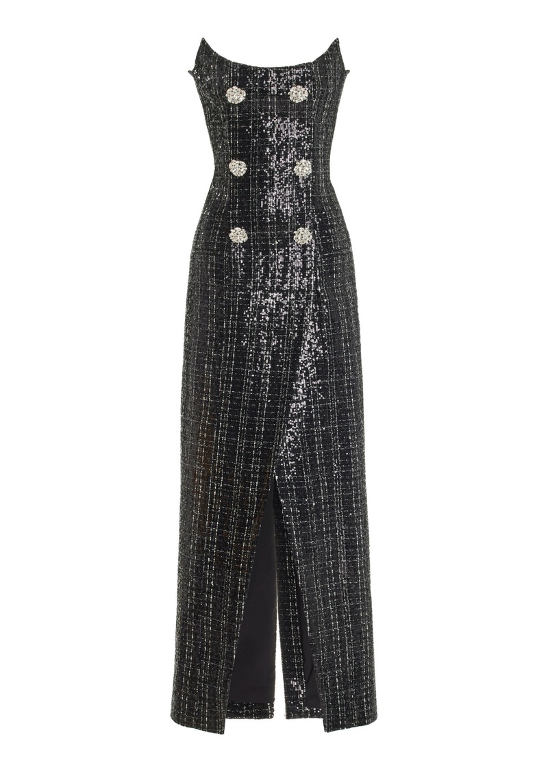 Balmain - Glittered Tweed Bustier Maxi Dress - Black - FR 42 - Moda Operandi
