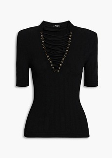 Balmain - Lace-up ribbed-knit top - Black - FR 34