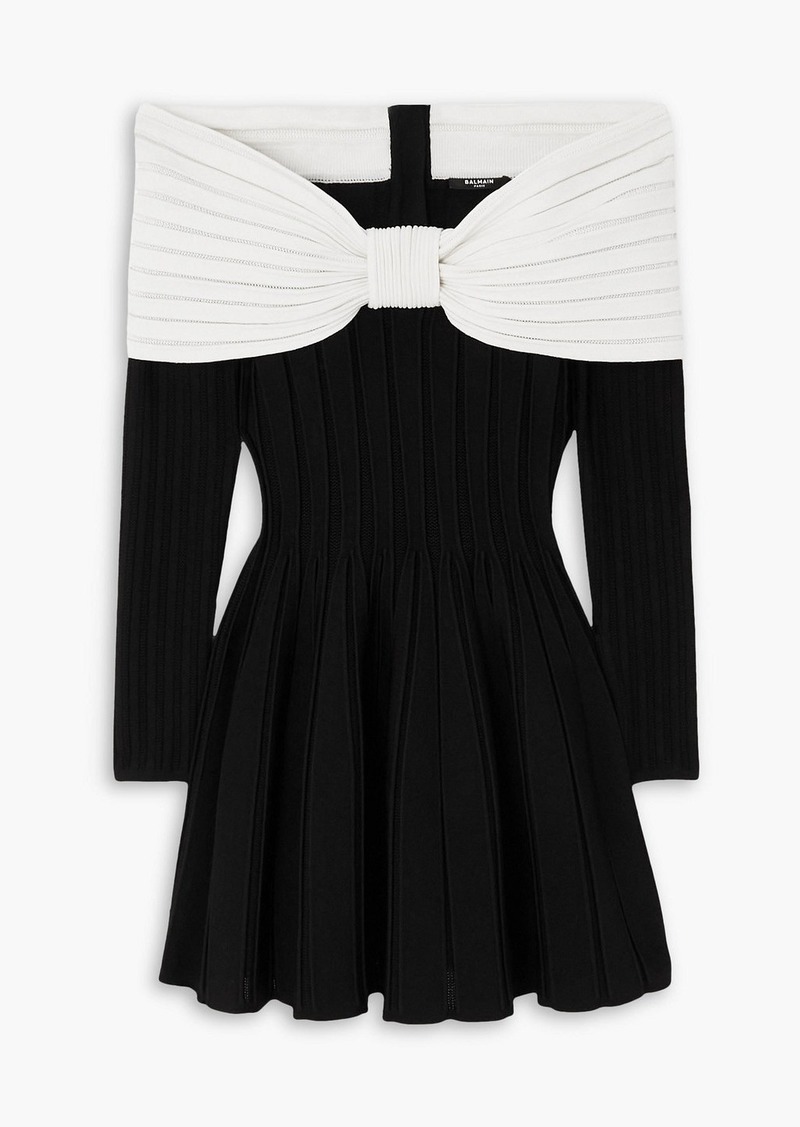 Balmain - Off-the-shoulder two-tone ribbed knit mini dress - Black - FR 42