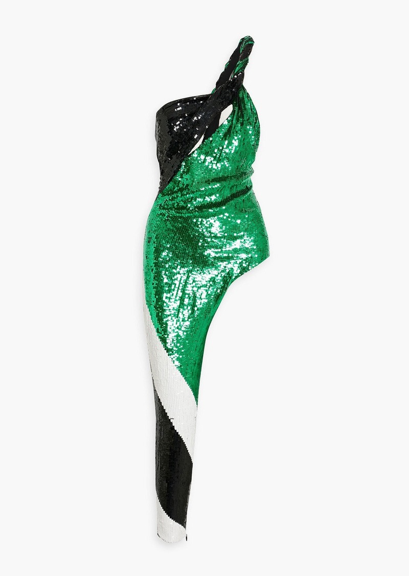 Balmain - One-shoulder asymmetric sequined silk-chiffon jumpsuit - Green - FR 34