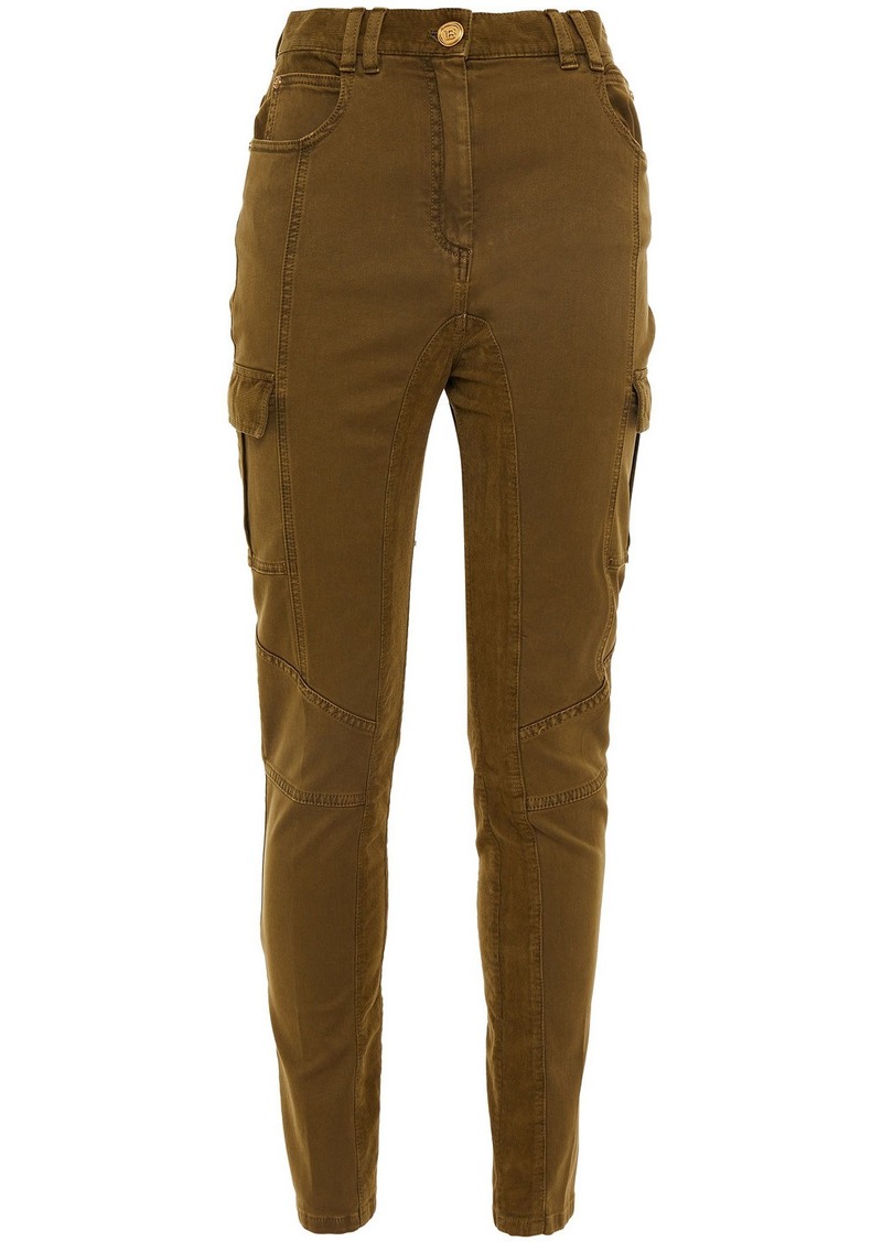 Balmain - Paneled cotton-blend corduroy and denim skinny pants - Green - FR 38