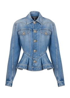 Balmain - Puff-Sleeve Denim Peplum Jacket - Light Wash - FR 38 - Moda Operandi