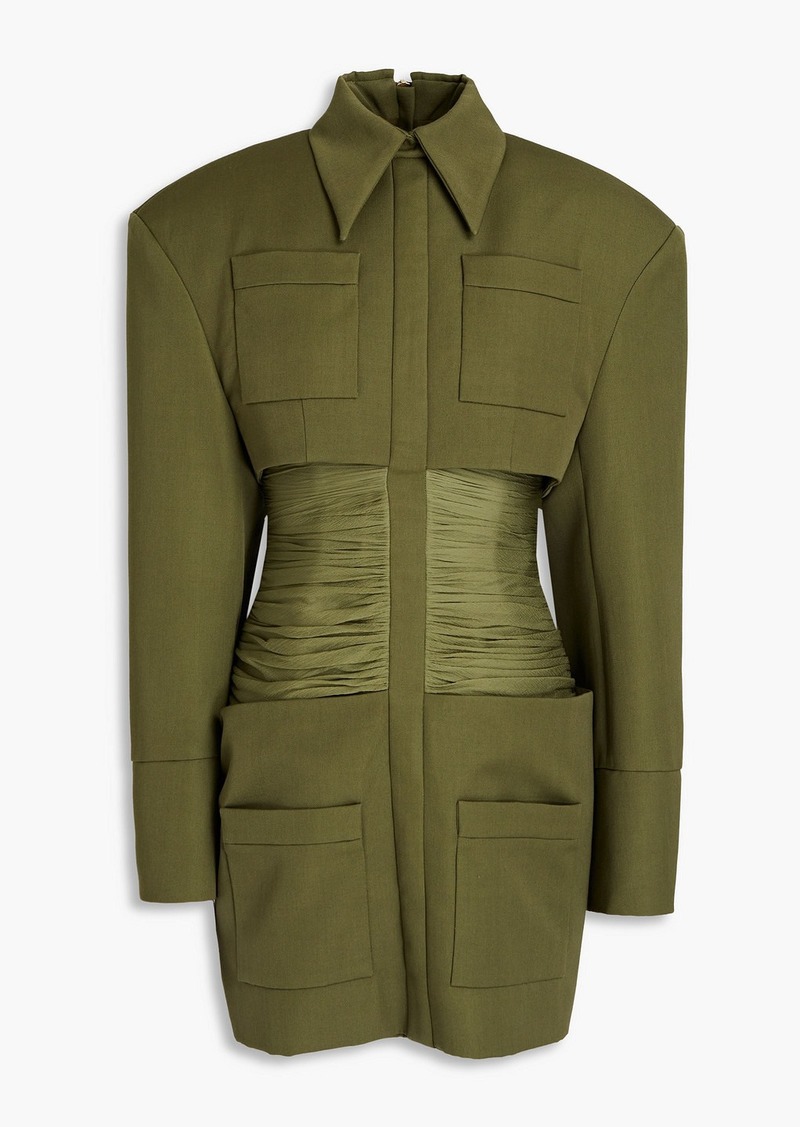 Balmain - Ruched silk georgette-paneled grain de poudre wool mini shirt dress - Green - FR 40