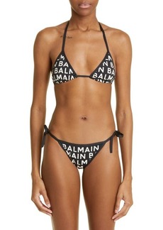 Balmain Allover Logo Triangle Two-Piece Swimsuit in Black Ivory at Nordstrom