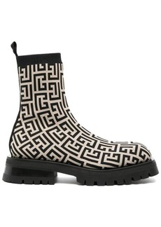 BALMAIN and Ivory Jacquard Knitted Ankle Boot with Monogram