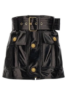 BALMAIN Belt-up shiny leather skirt