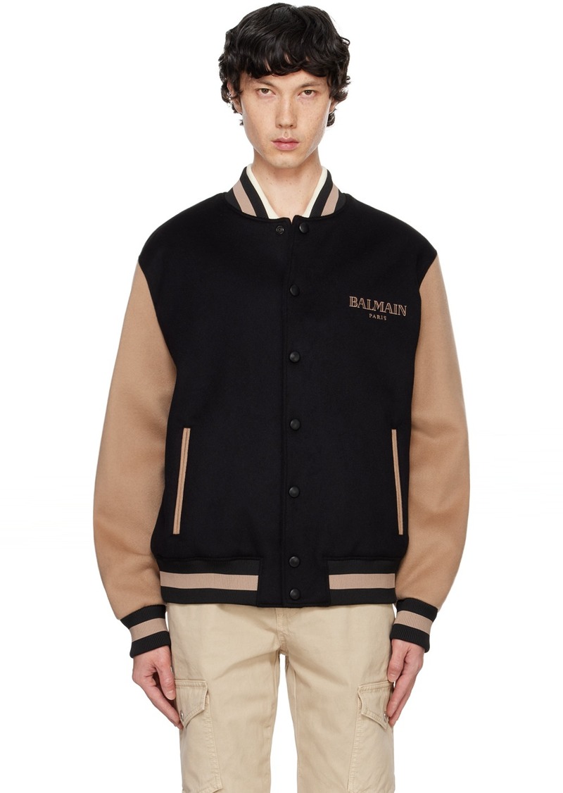 Balmain Black & Tan Two-Tone Varsity Bomber Jacket