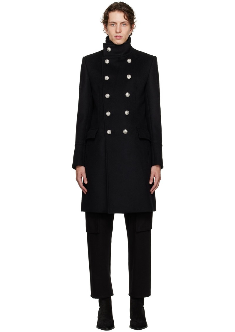 Balmain Black Mid-Length Military Coat