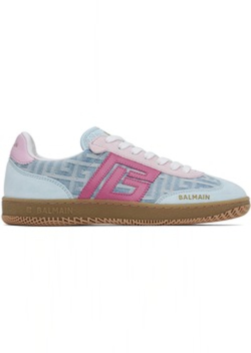 Balmain Blue & Pink Swan Leather & Denim Monogram Sneakers