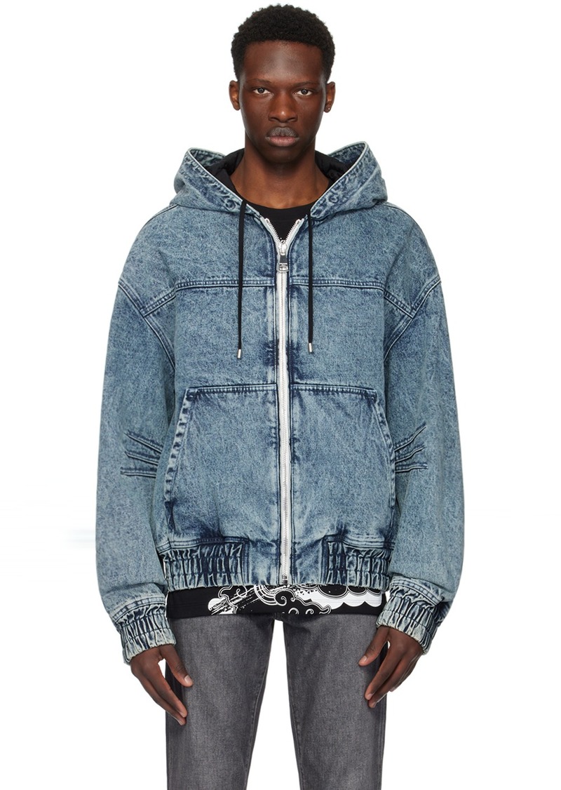 Balmain Blue Hooded Denim Bomber Jacket