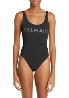 Balmain Embellished Logo One-Piece Swimsuit in Black at Nordstrom