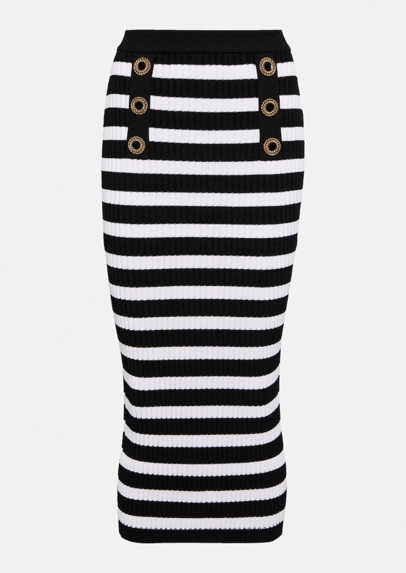 Balmain Embellished striped knit midi skirt