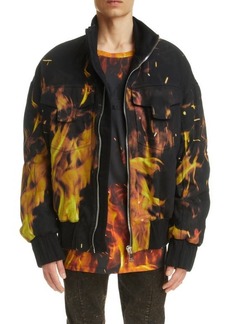 Balmain Fire Print Oversize Denim Jacket in Black/Bright Yellow/ at Nordstrom