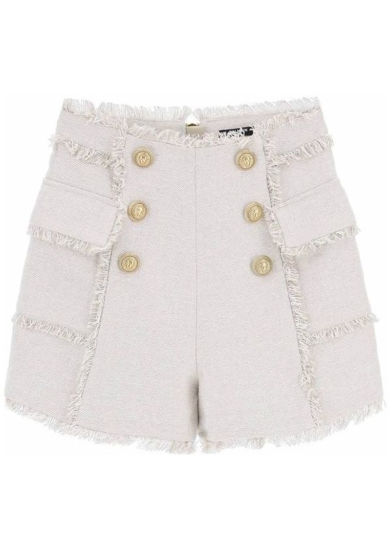 Balmain frayed linen shorts with gold-tone buttons