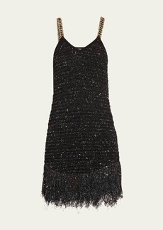 Balmain Fringed Hem Tweed Mini Dress with Chain Straps