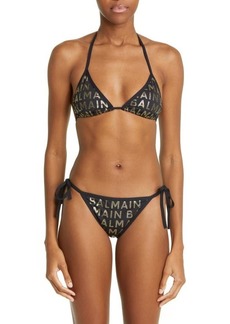 Balmain Glitter Logo Two-Piece Triangle Swimsuit in Black/Gold at Nordstrom