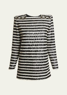 Balmain Glittered Stripe Mini Dress with Button Details